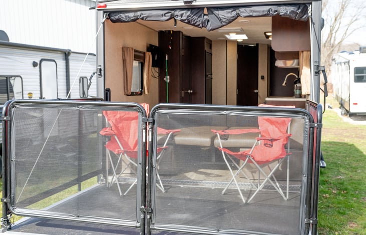Porch/Deck in place with railing - perfect for small children and getting fresh air