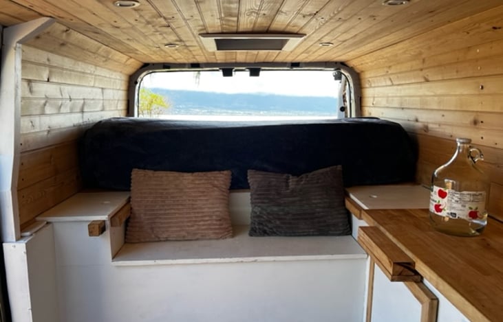 Seating that folds away to seating and pull out table.