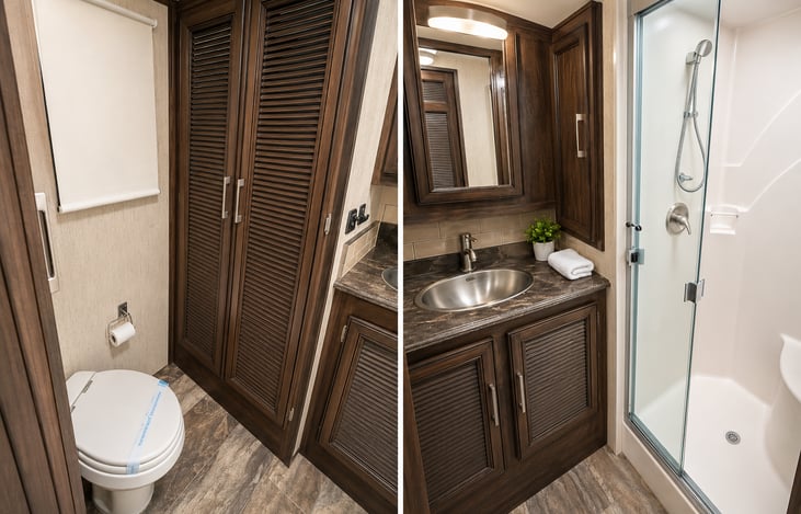 Primary bathroom and washer and dryer