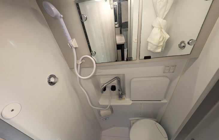 Bathroom and shower with cassette toilet.