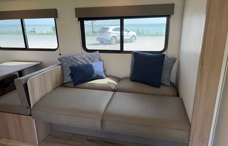"Versatile living space: This comfortable sofa easily converts into an extra bed in seconds.