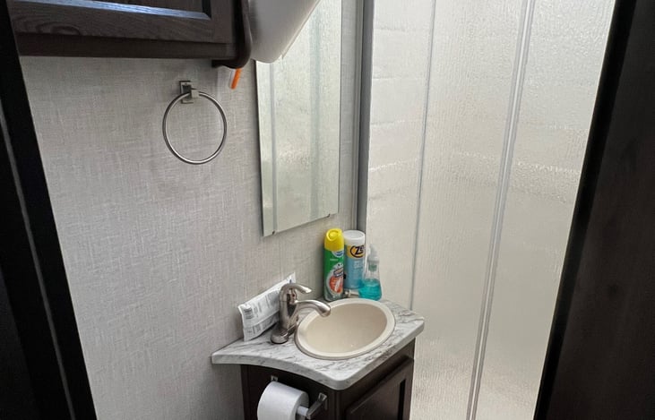 shower and sink in bathroom