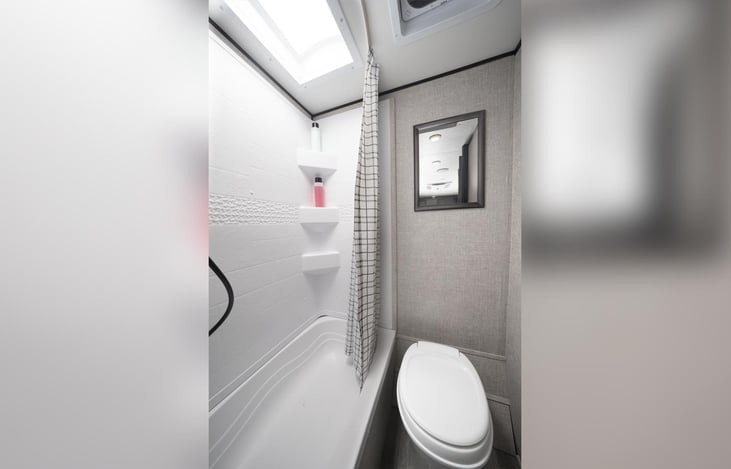 Spacious shower with skylight. Marine-grade toilet with foot flush.