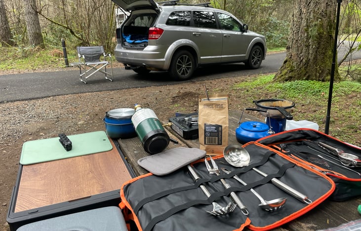 The whole camping box setup easily transports to the picnic table or beach