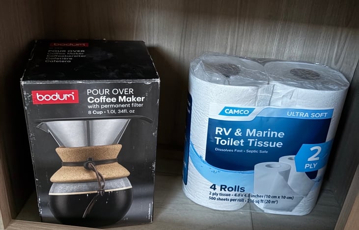 Coffee maker with reusable filter and RV TP, ONLY USE RV SPECIFIC TOILET PAPER PLEASE!