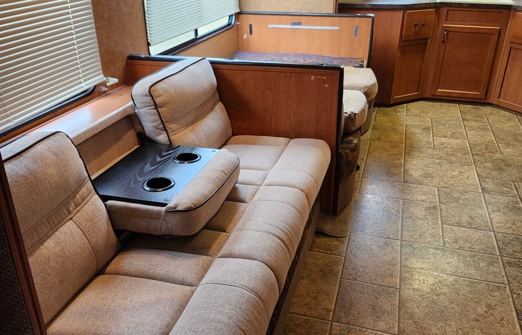 Jack knife sofa. Dinette cushions in bed arrangement.