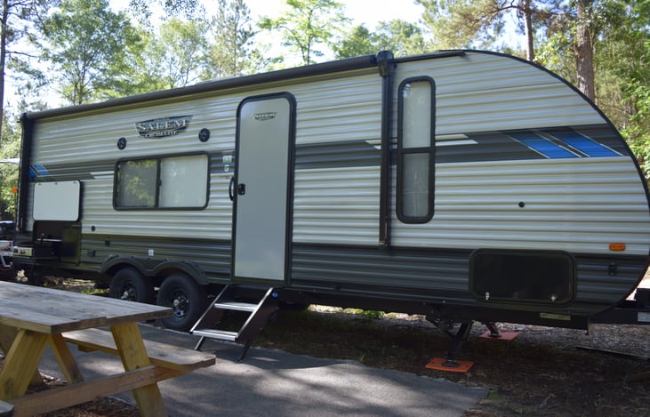 Front of RV with awning closed.
