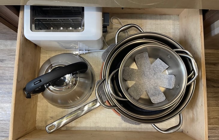 Pots, pans, tea kettle, toaster