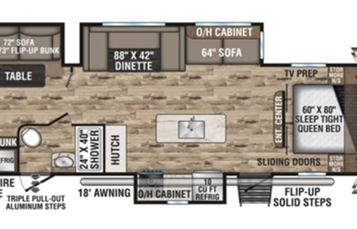Camper layout (except our sofa is 12-feet long instead of the separate dinette)