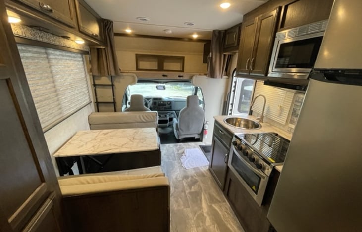 View of the living area from the rear of the RV