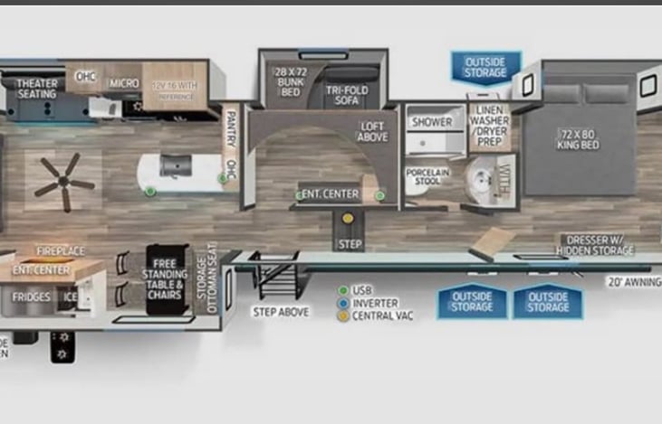 Open floor plan features Upper Deck with private owners suite & bathroom, king-size bed in dedicated slide-out. Main includes open concept kitchen & living room. Built in bunk and convertible sofa/bed