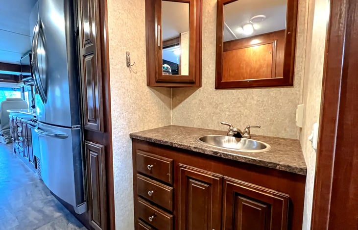 Bathroom vanity and sink.