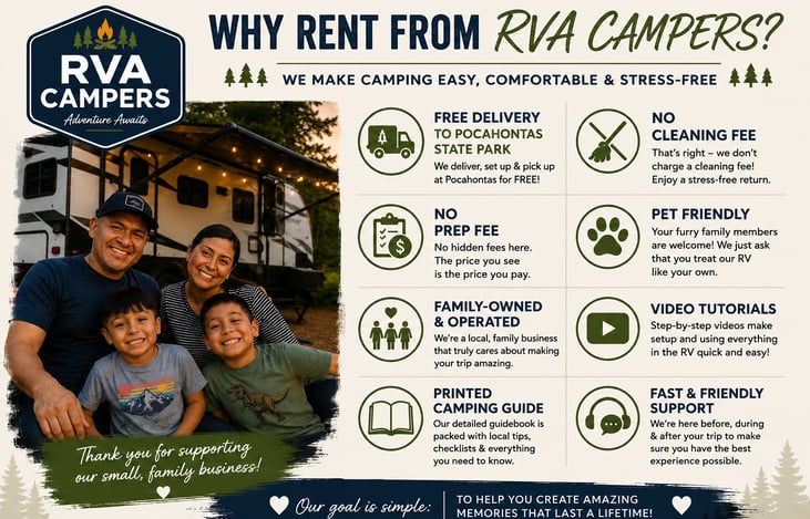 We're a local, family-owned business that genuinely cares about your experience. Our goal is simple: provide a clean, fully equipped camper, excellent communication, and all the tools you need—includi