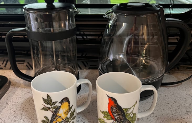 French press and electric kettle on board because coffee is important