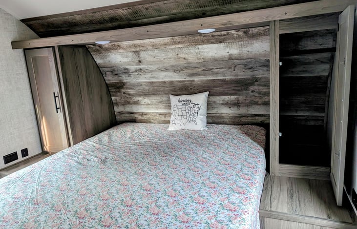 Master bedroom with 2 small closets and a queen shortie upgraded mattress with a memory foam pillow topper