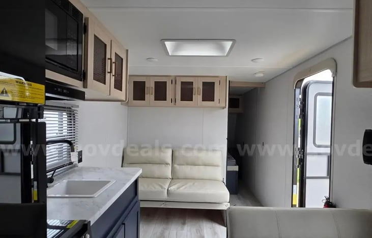 Living room and kitchen, includes a foldout sofa!