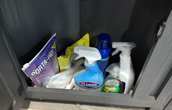 Cleaning supplies and trash bags stocked!