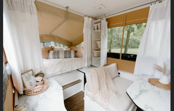 Curtains, pillows, blankets, decor, hanging shelf not included