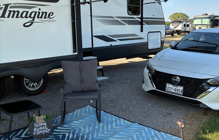We will set up your camp site prior to your arrival! Outdoors you will have a rug, bistro table and chairs, tabletop bbq grill, wood burning fire pit, and corn hole for your outdoor entertainment!