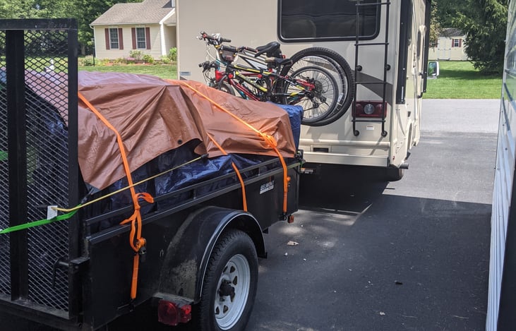 Obligatory view from the back with bike rack and the trailer due to a dual hitch attachment.