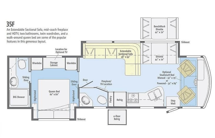 Layout offers 2 toilets / queen sized memory foam bed
