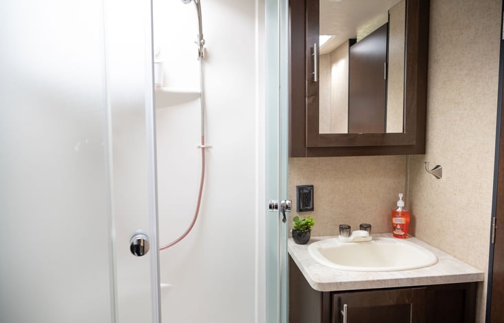 Access from private bedroom and from main area of vacation.  Shower has Extra Large shower space.   View is from walking from the main camper living space