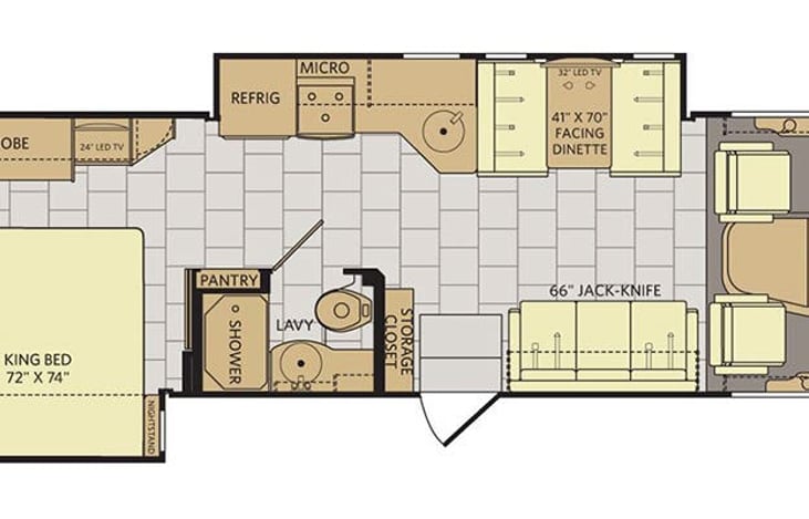Layout.  King-sized bed and queen bed over cab.