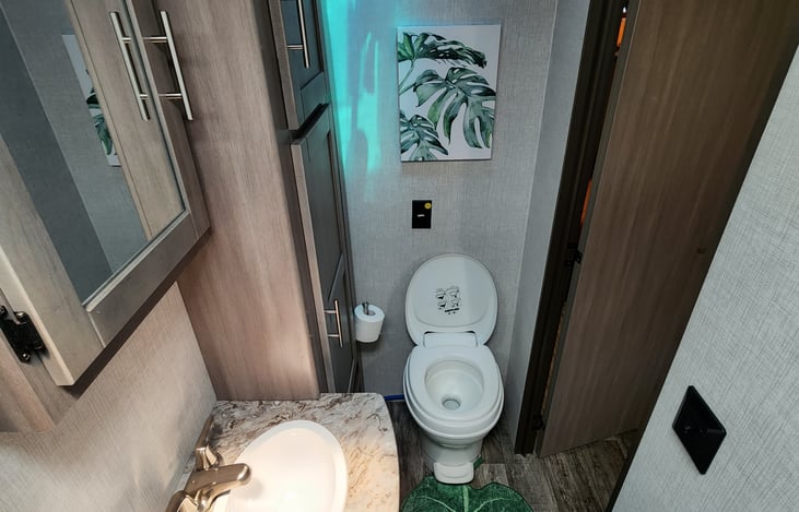 Full bathroom, with a vanity, sink, and plenty of shower. As well as a sky light.