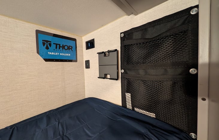 The Adventure Wagon  - Top Bunk With Charging Station (120V Outlet + USB), Tablet Holder & Organizer