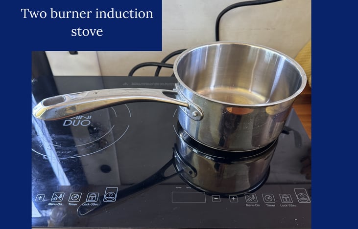 Electric induction stove with cookware.
