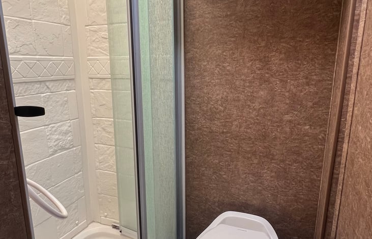 Bathroom area, toilet, shower.