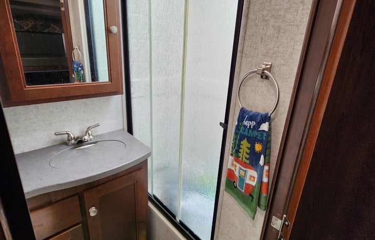 Shower door and skylight give the shower a more open feel