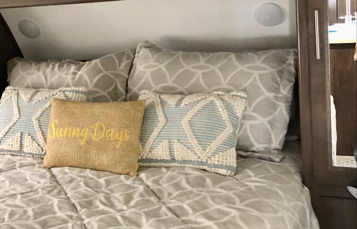 Comfortable master bed with soft mattress topper. Clean, sanitized linens are always included!