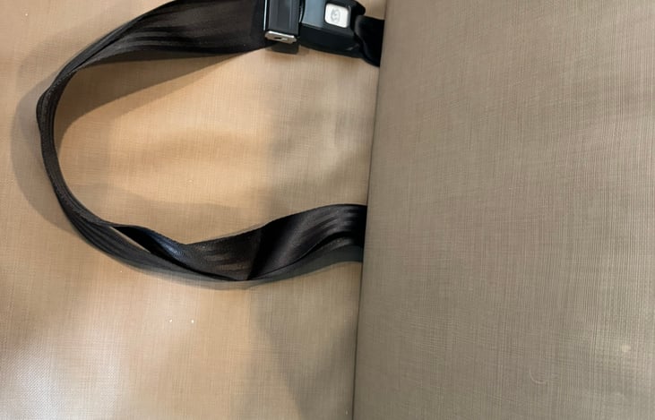 Bench Seat Belt with cushion in place, the child safety anchor is directly behind.