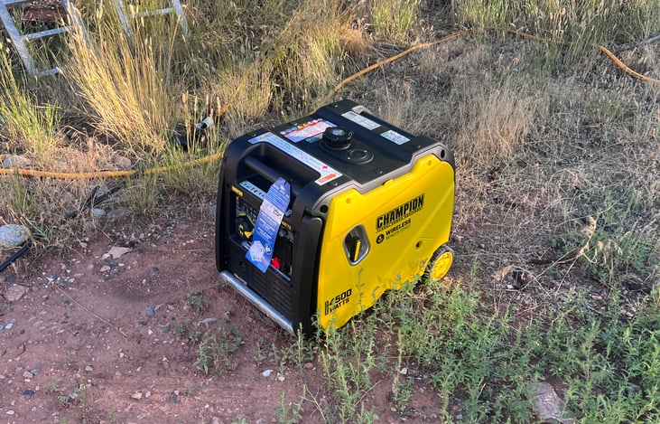 New generator on wheels. Anyone can use it. There is no pulling to start it. Just push a button and plug the camper in. It’s quiet and has a handle for easy mobility.