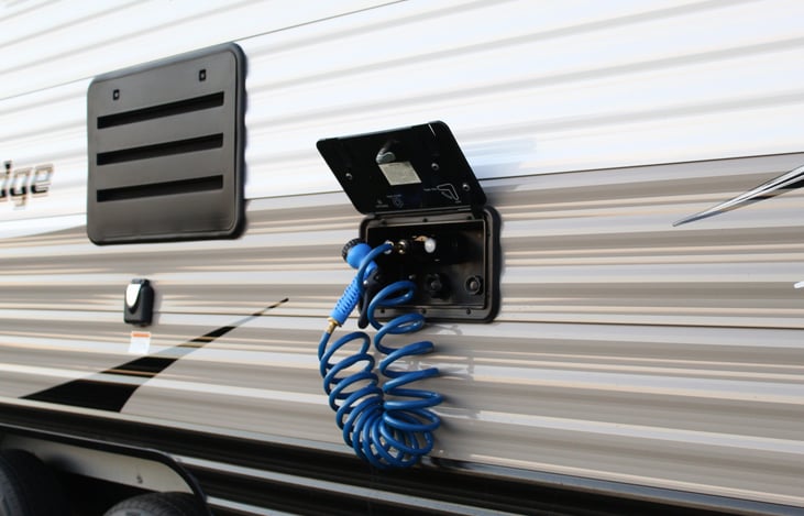 Outdoor shower with hot and cold water.  Perfect for washing dishes, feet, pets etc.