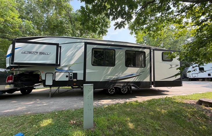 3 slide outs. From left to right wardrobe in bedroom suite with 4 drawers and 2 small closets for storage. Second- living room, 3rd bunk room beds.