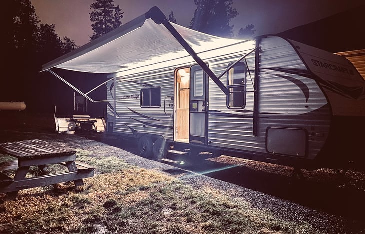 19’ power awning with LED light strip and built in Bluetooth speakers