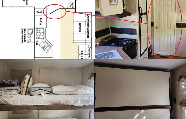 Bunk beds can be extra sleeping space or folded up for storage.