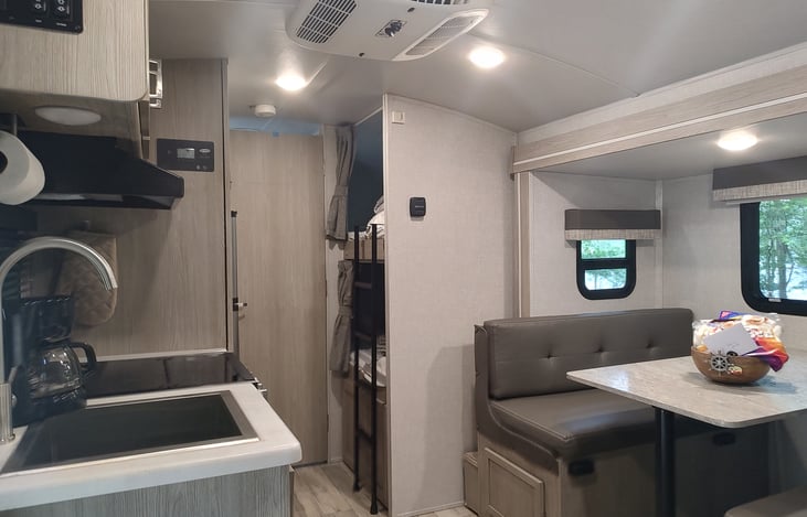 Twin bunks and dinette converts to a bed for enough room for 5!