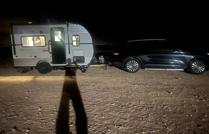 The rig parked for the night in vineyard “Harvest Host” spot in rural west Texas.