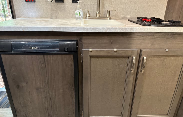 Sink, mini fridge and freezer, and a 2 burner gas cook top
