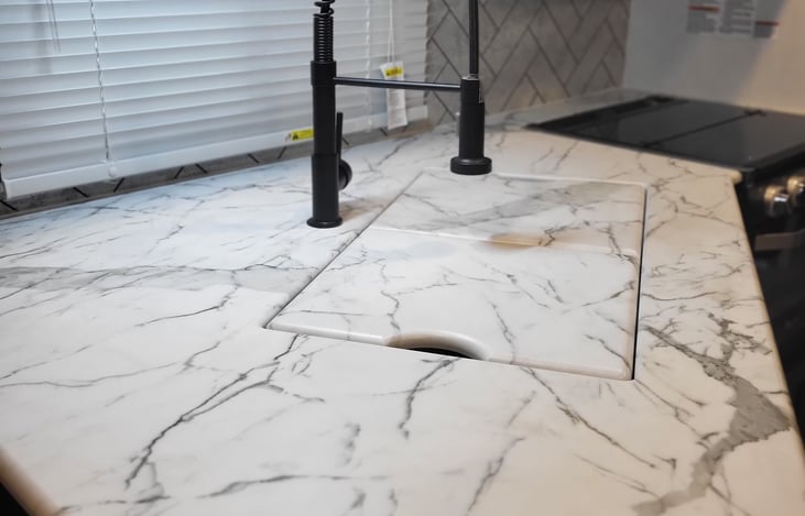 Kitchen counter with sink covers.