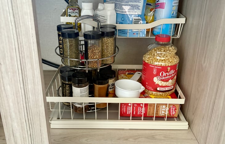 Kitchen essentials included: spices, oil, popcorn, and basic cleaning supplies for your stay.