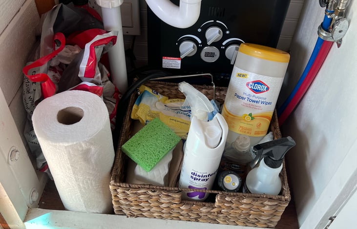 Under the sink we supply cleaning supplies, soap, etc.