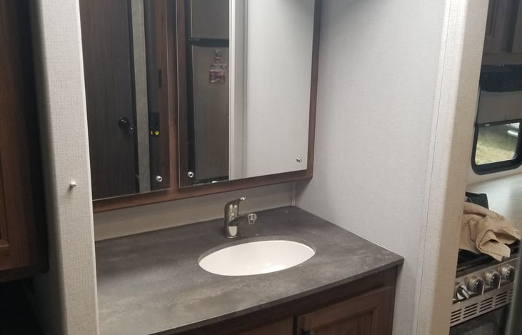 Bathroom sink Tourette and shower adjacent