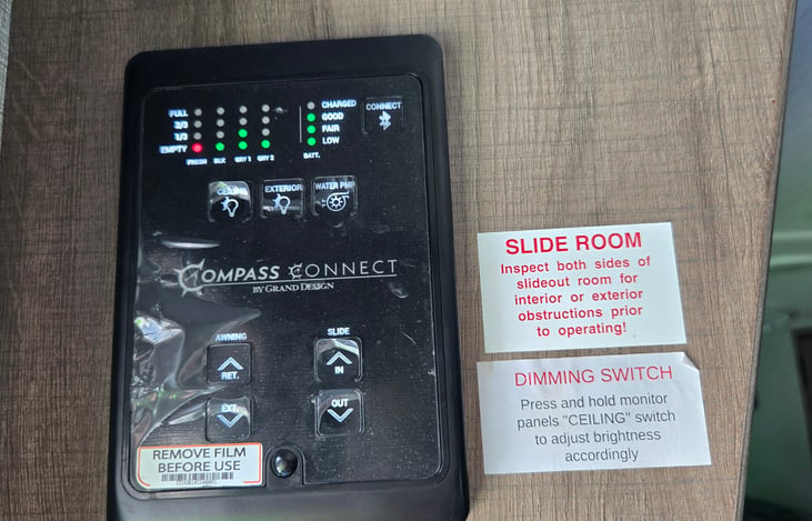 The command center: slide controls, awning controls, interior and exterior lighting and dimming controls. Plus keep an eye on your battery power and fresh and grey water levels.