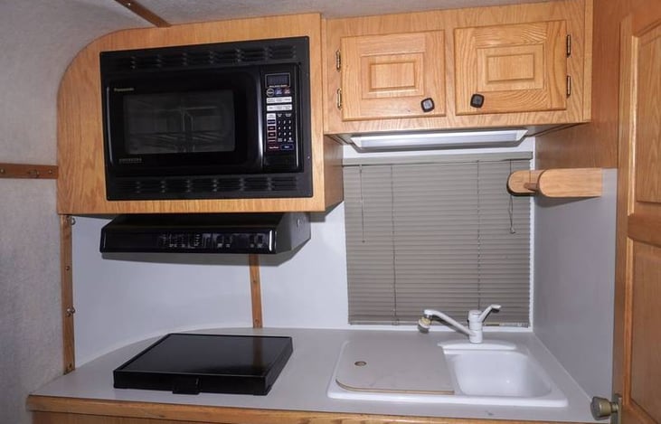 microwave, stove with 2 burners and sink