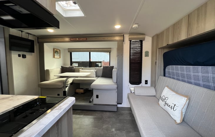 With the slide out extended, there is lots of seating either on the couch or u-shaped dinette.