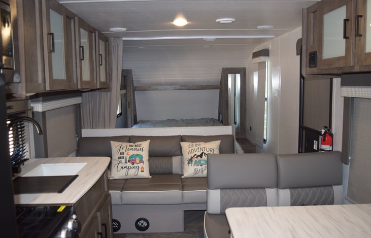 Front view of master bedroom area with divider open. Gives the camper more room :)